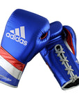 Pair of adidas Adi-Speed 500 boxing gloves for kickboxing, blue and silver design.