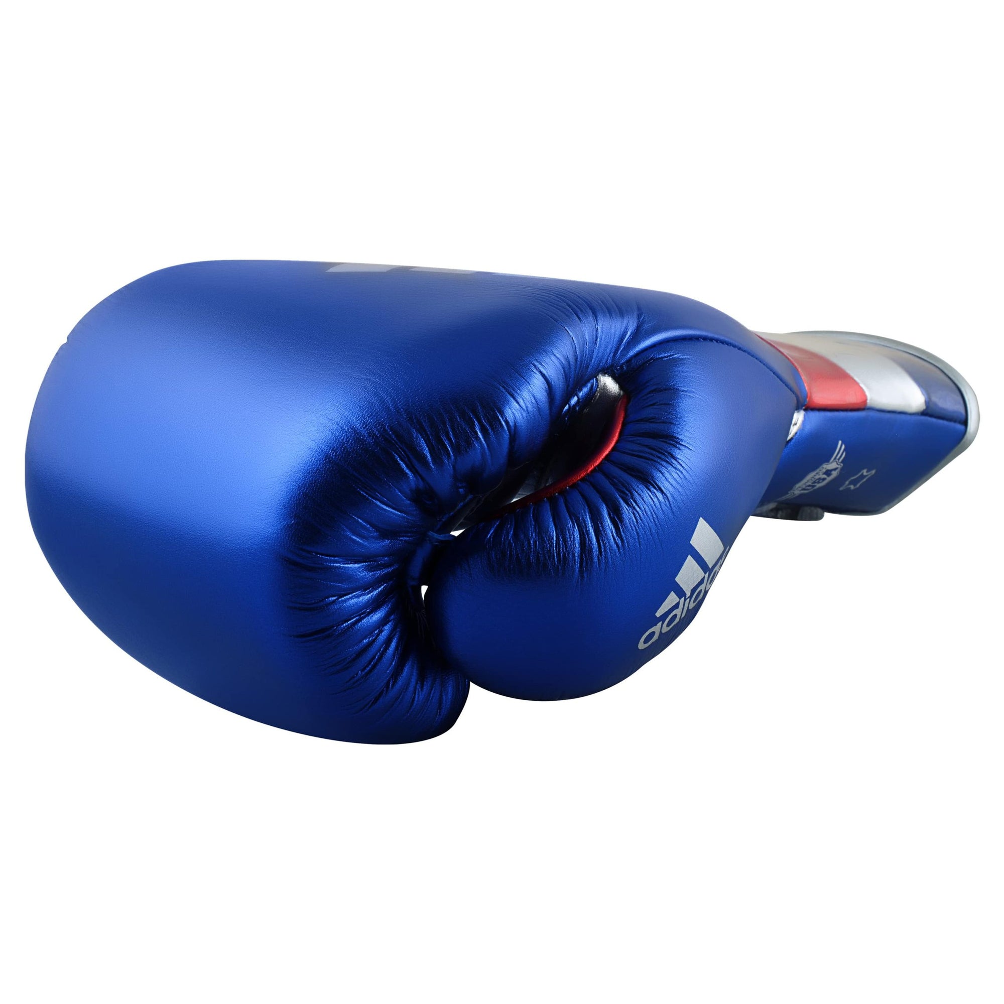 A blue boxing glove with silver and red stripes from adidas Adi-Speed 501 Pro series.