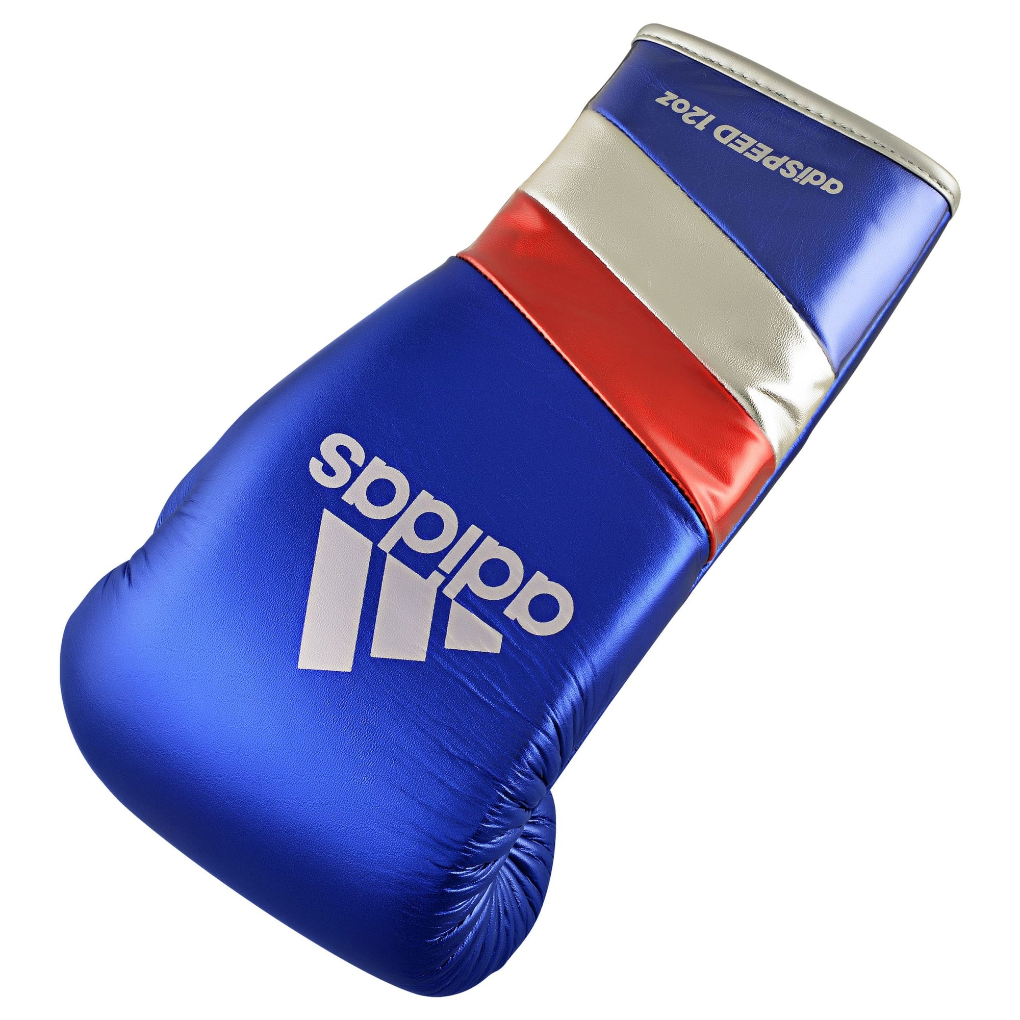 A blue boxing glove with silver and red stripes from adidas Adi-Speed 500.