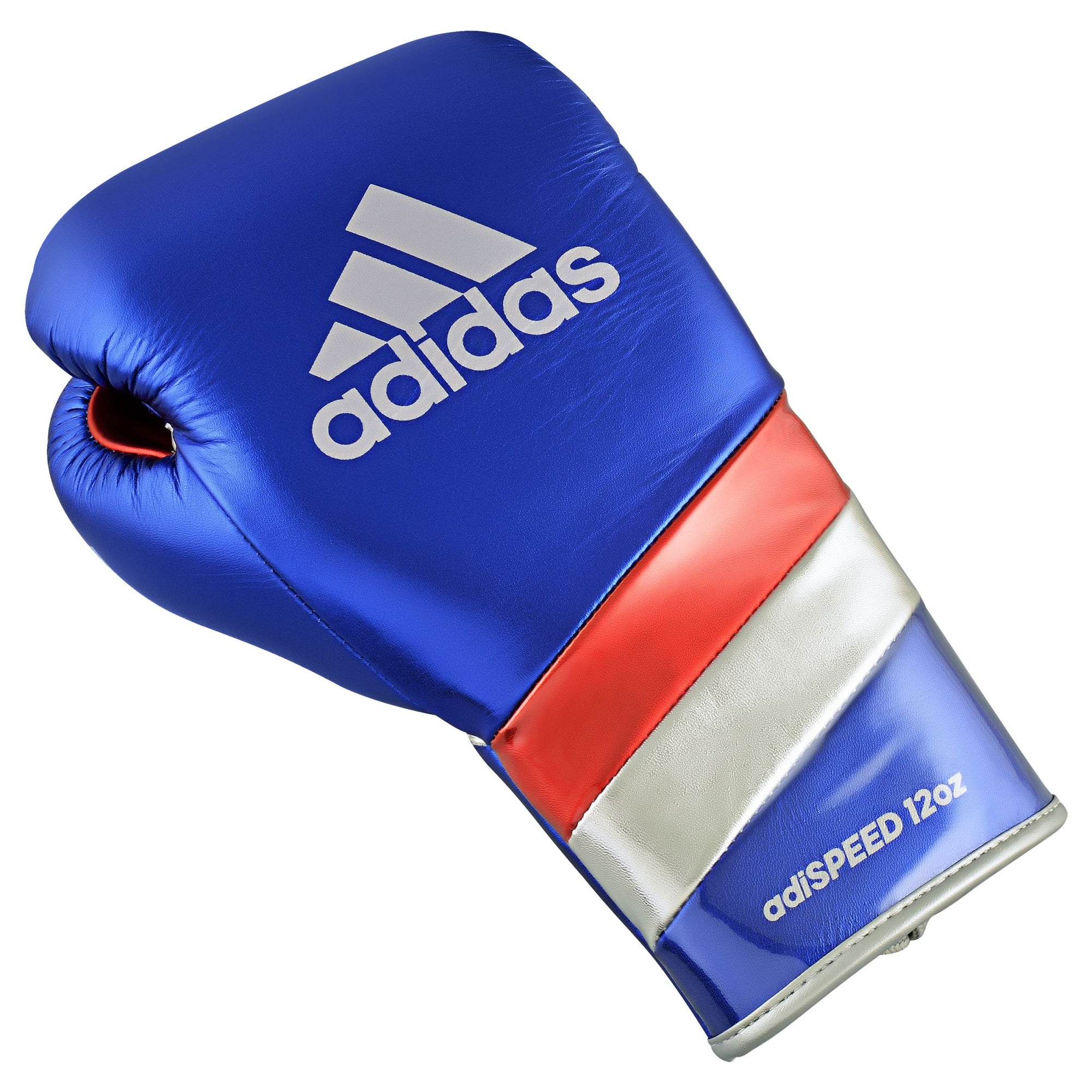 A blue boxing glove with red and white stripes from adidas Adi-Speed 500.