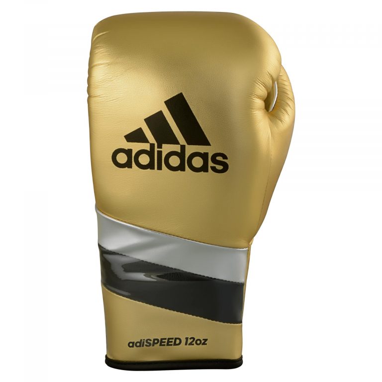 Gold boxing glove with black and silver stripes, adidas Adi-Speed 500.