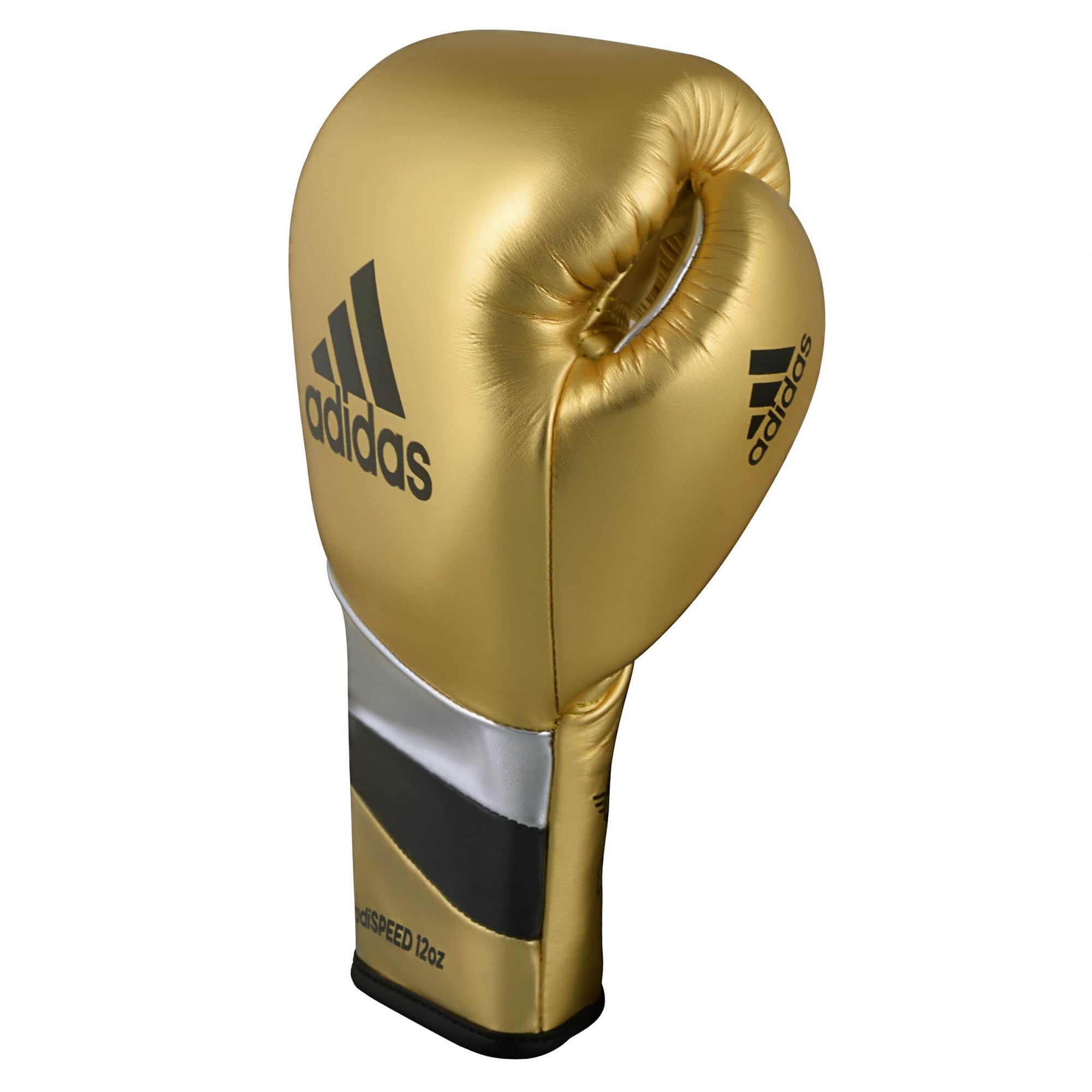 Gold boxing glove with black and silver stripes, Adidas Adi-Speed 500.