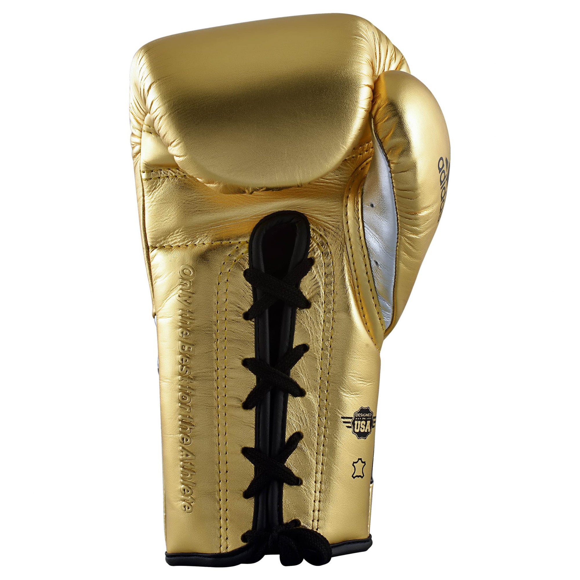 Gold boxing glove with black laces, Adidas Adi-Speed 500.