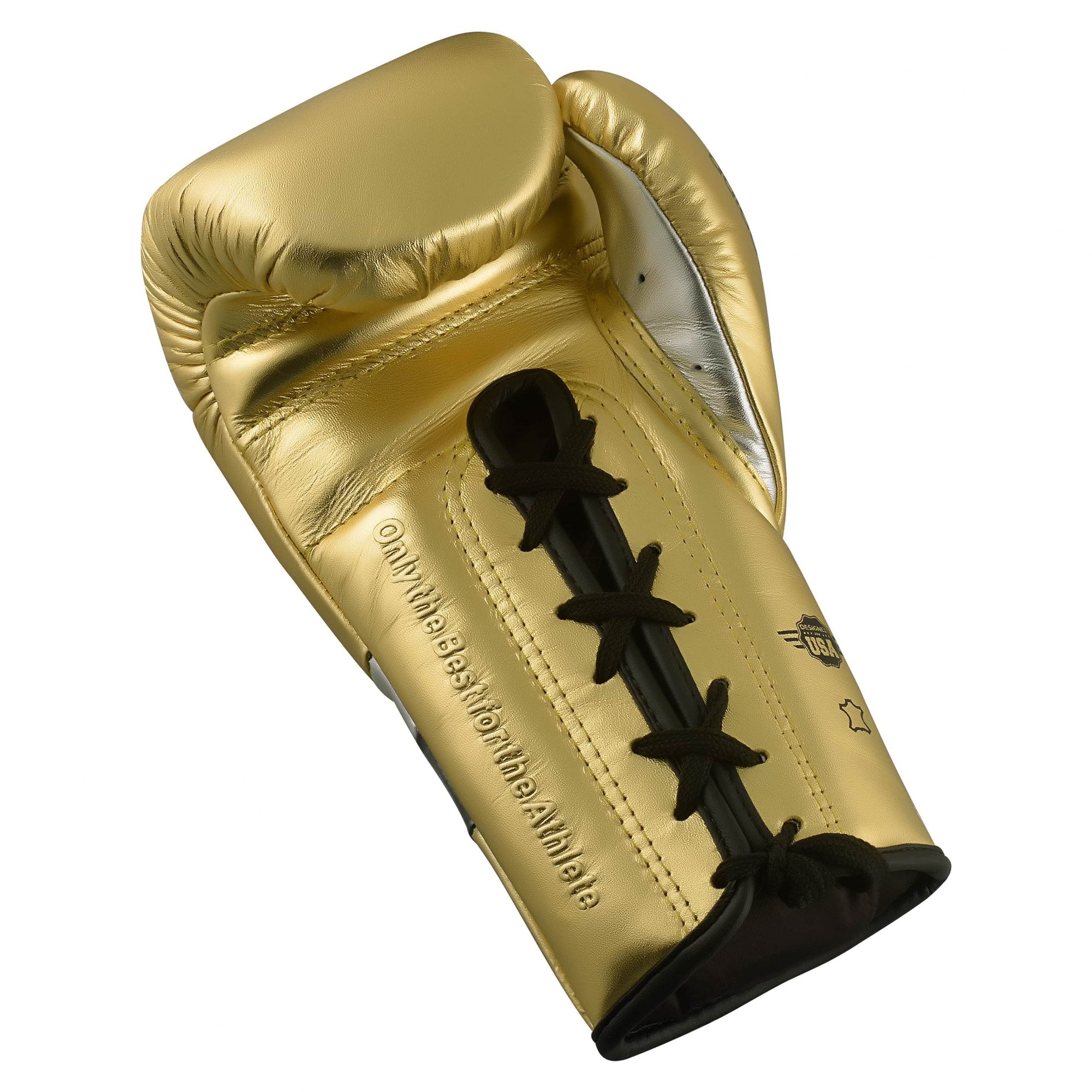 Gold boxing glove with black laces, Adidas Adi-Speed 500.