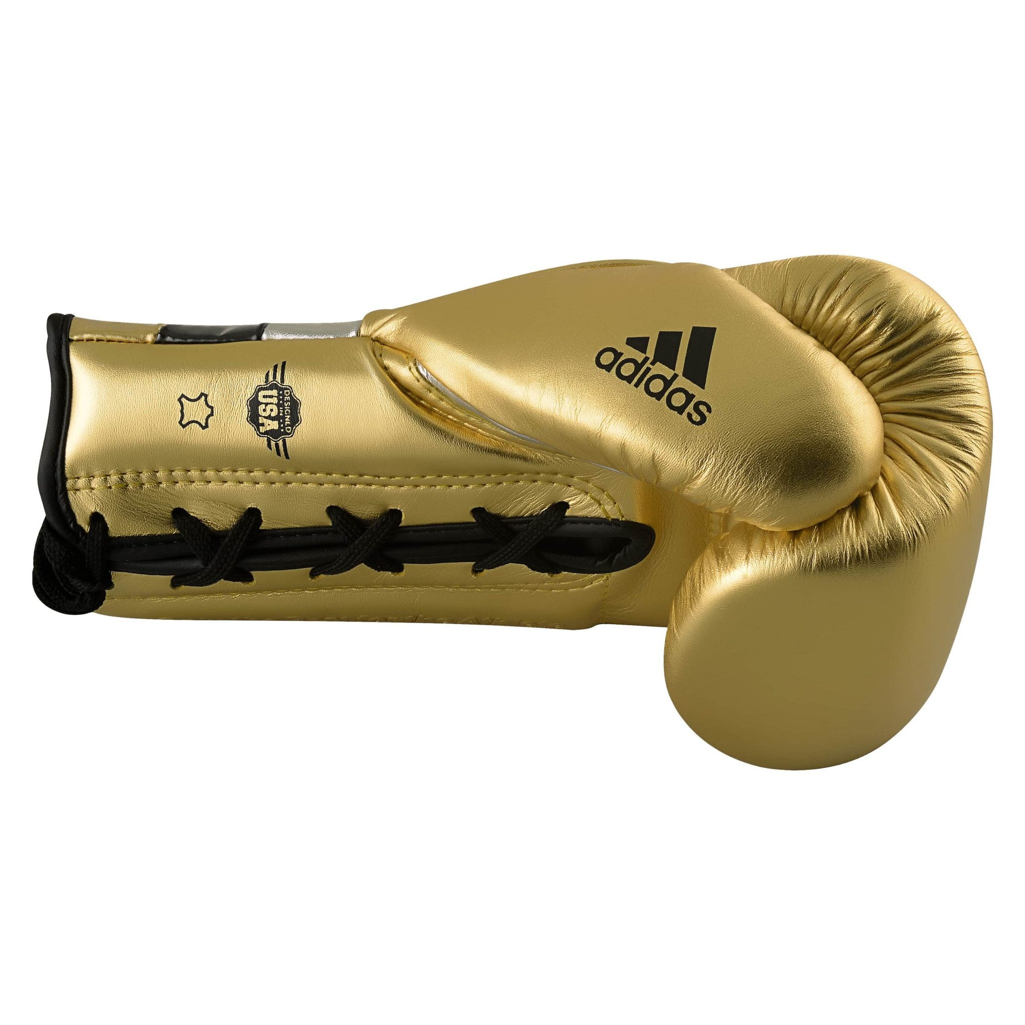 Gold boxing glove with black laces, Adidas Adi-Speed 500.