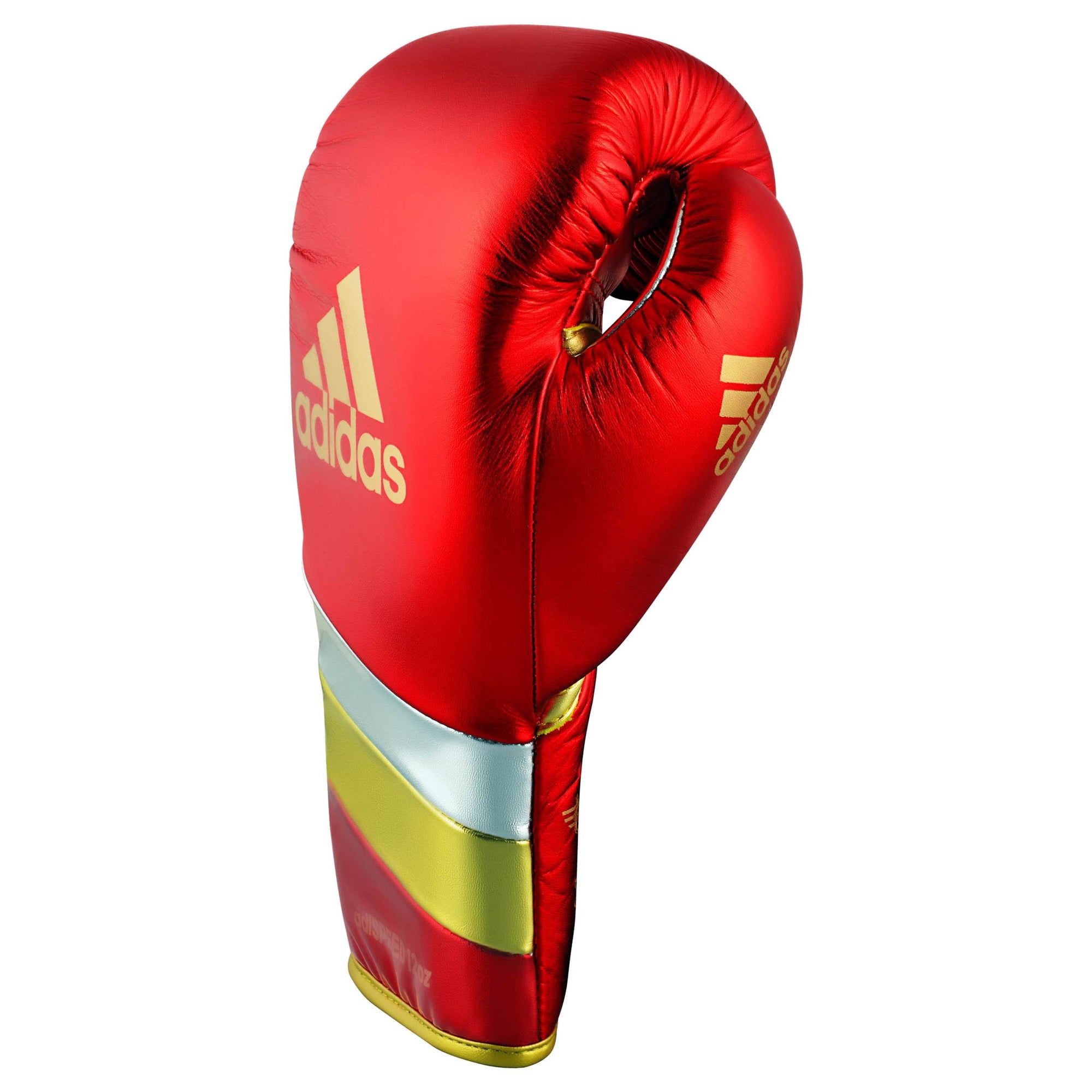 Red boxing glove with gold stripes, adidas Adi-Speed 500 Pro.