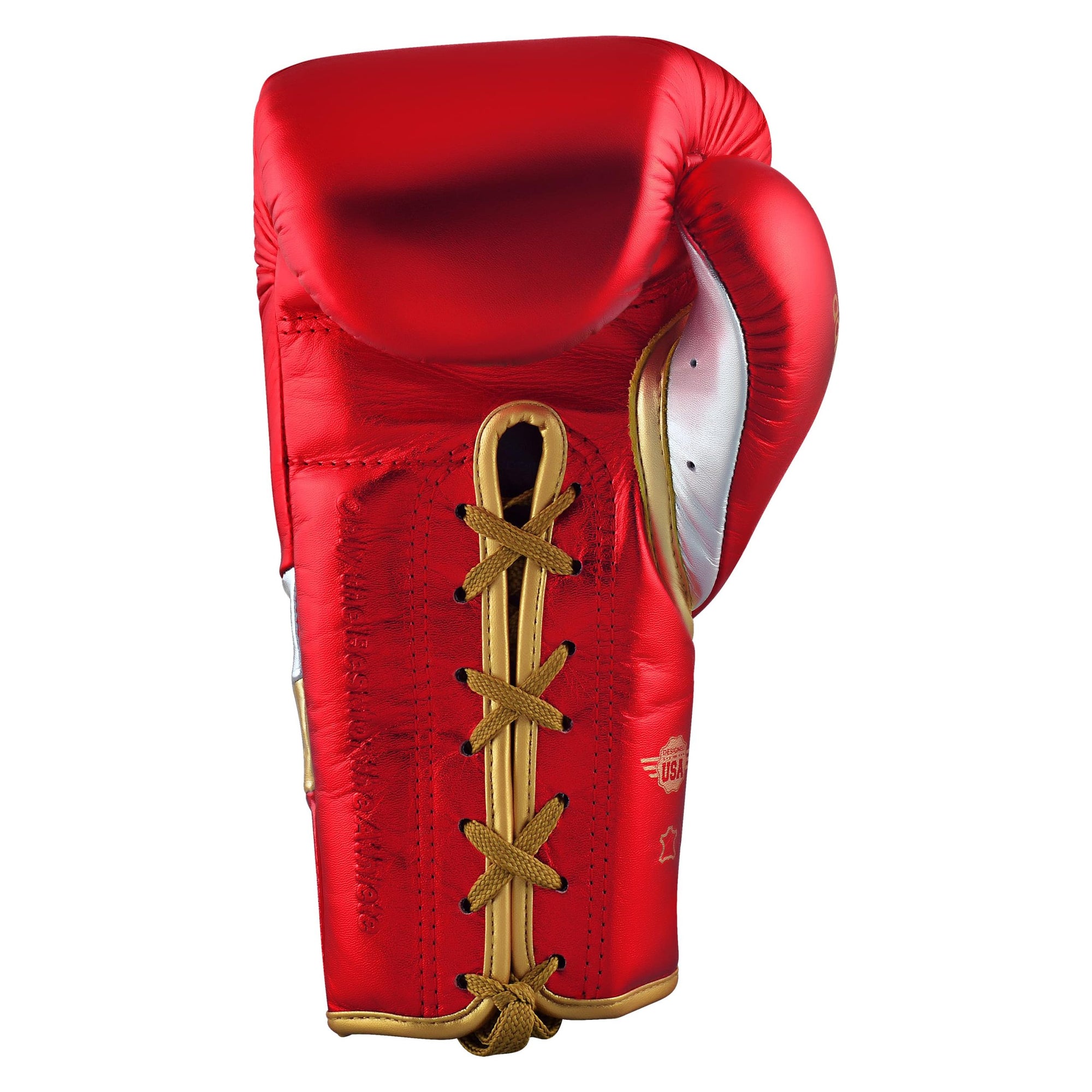 Red boxing glove with gold laces and Adidas branding, 18 oz.