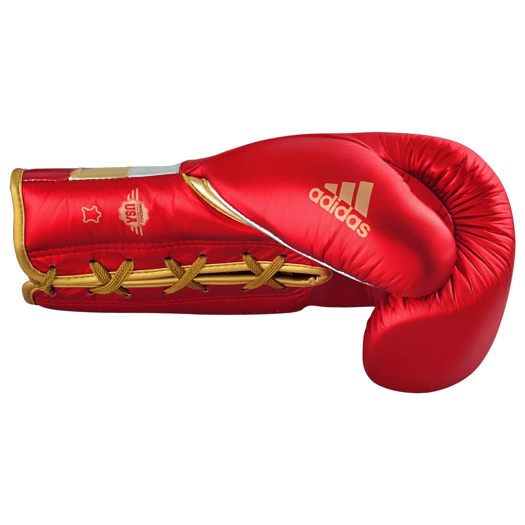 A red boxing glove with gold laces from adidas Adi-Speed 500 series.