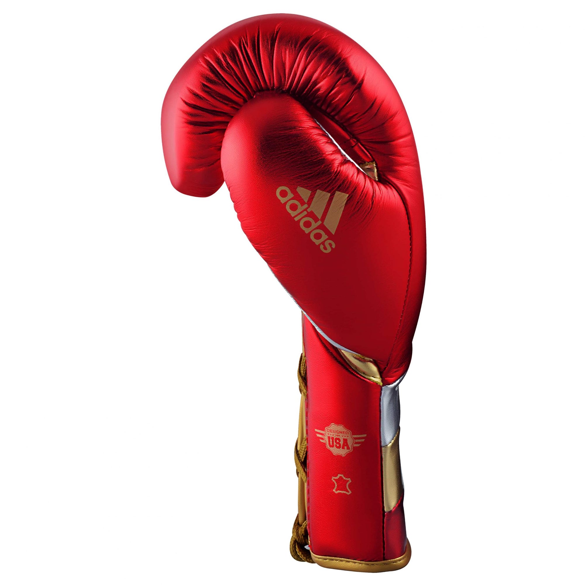 Red boxing glove with gold trim from adidas Adi-Speed 501 series, designed for professional use.