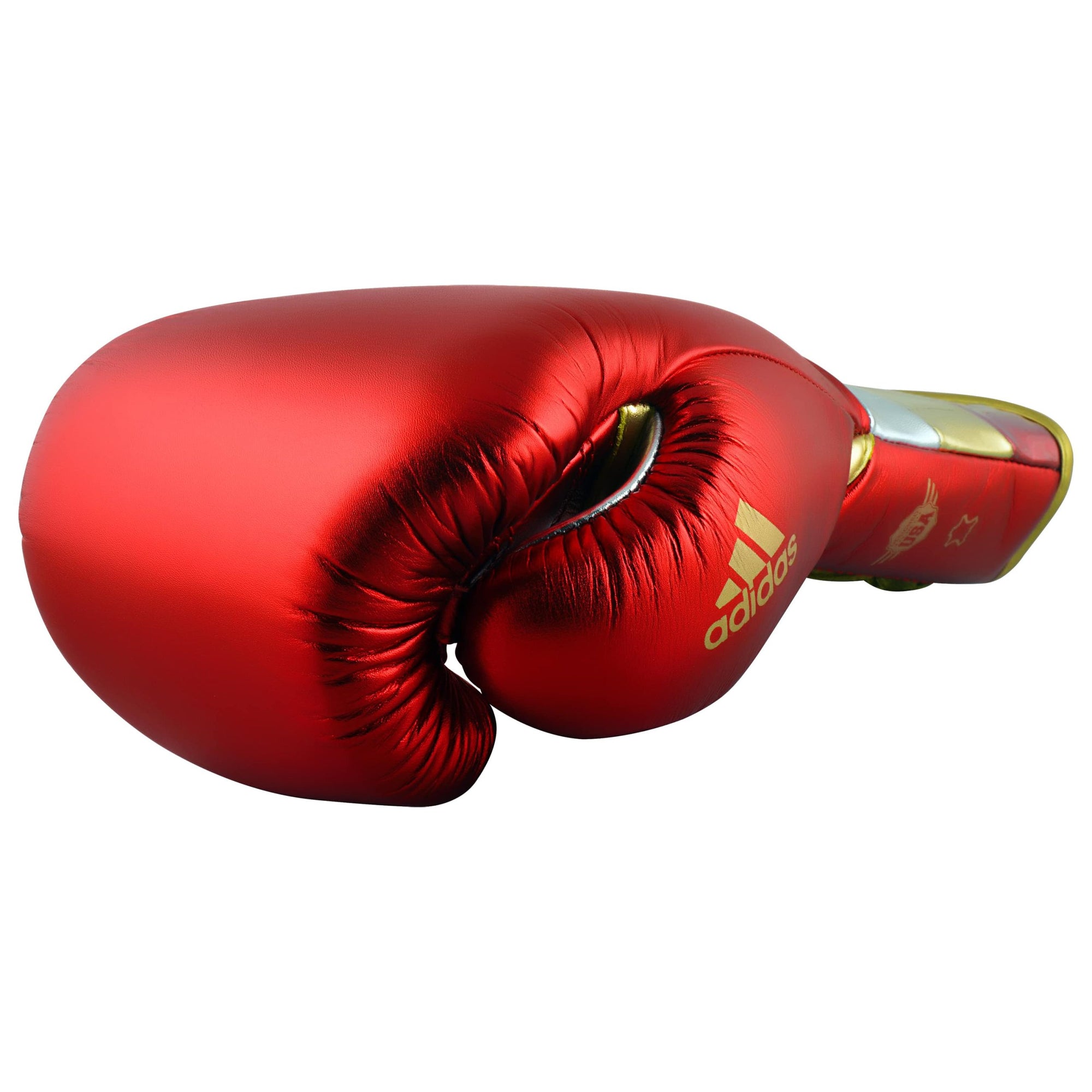 Red boxing glove with gold trim, Adidas, 16 oz, white and black variant.