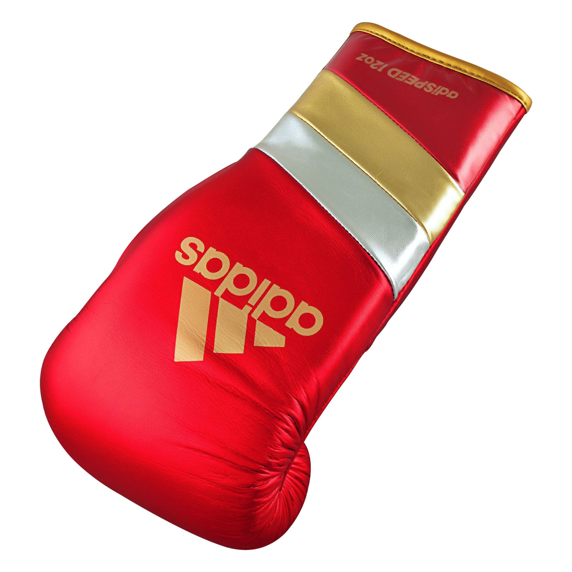 Red glove with gold and silver stripes, Adidas branding, 14 oz.