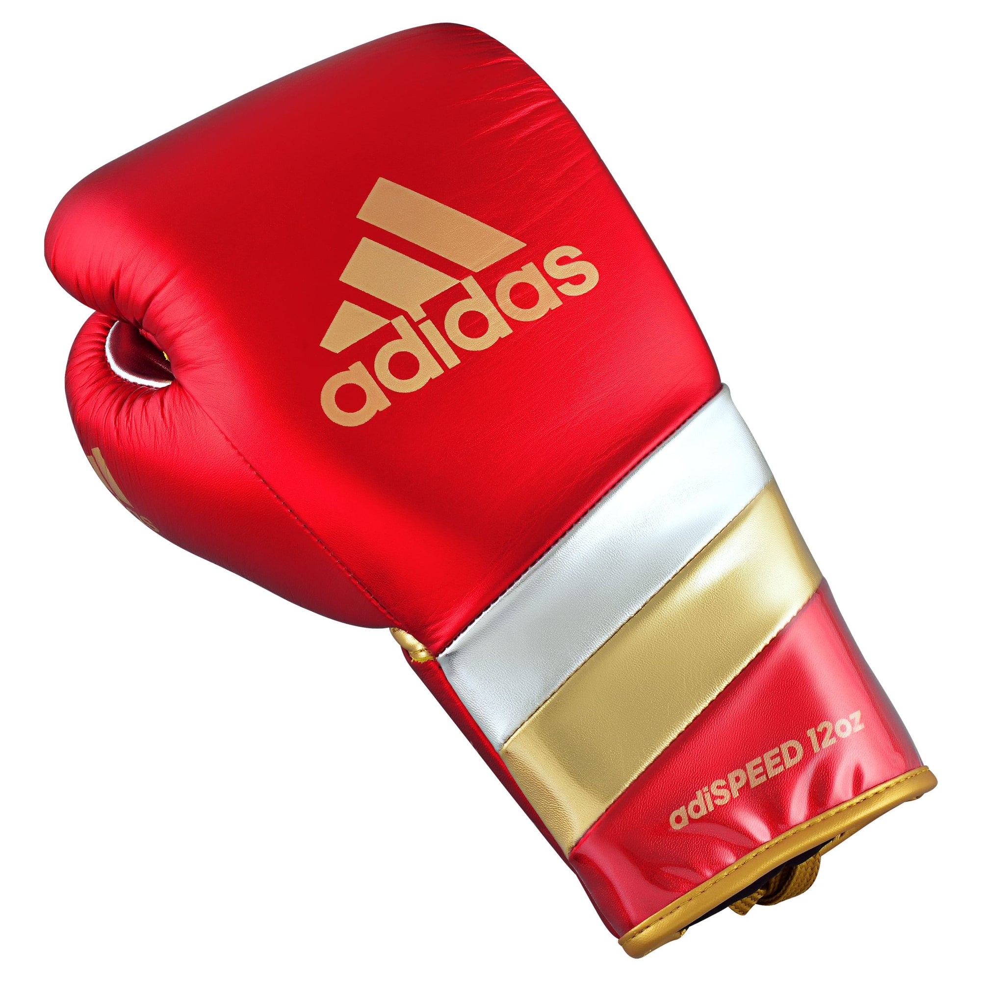 Red boxing glove with gold stripes, adidas Adi-Speed 500 Pro.