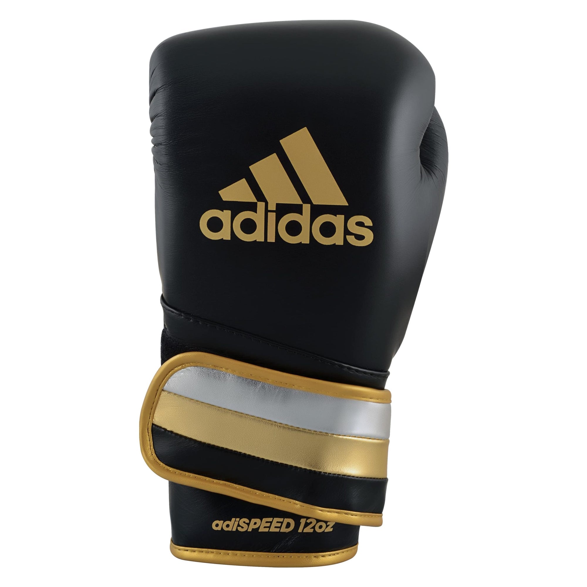 Black and gold Adidas boxing glove, metallic black, gold, silver, 12 oz.