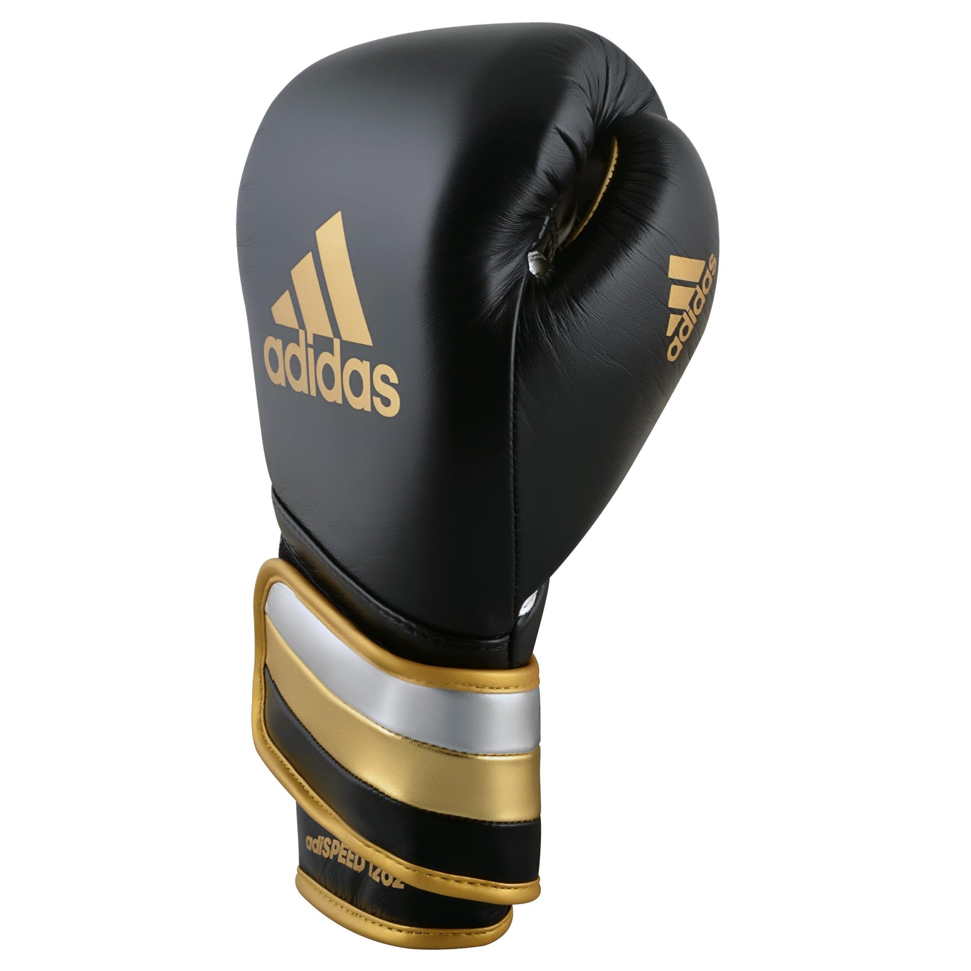 Black and gold Adidas boxing glove, metallic gold, black, silver, 18 oz.