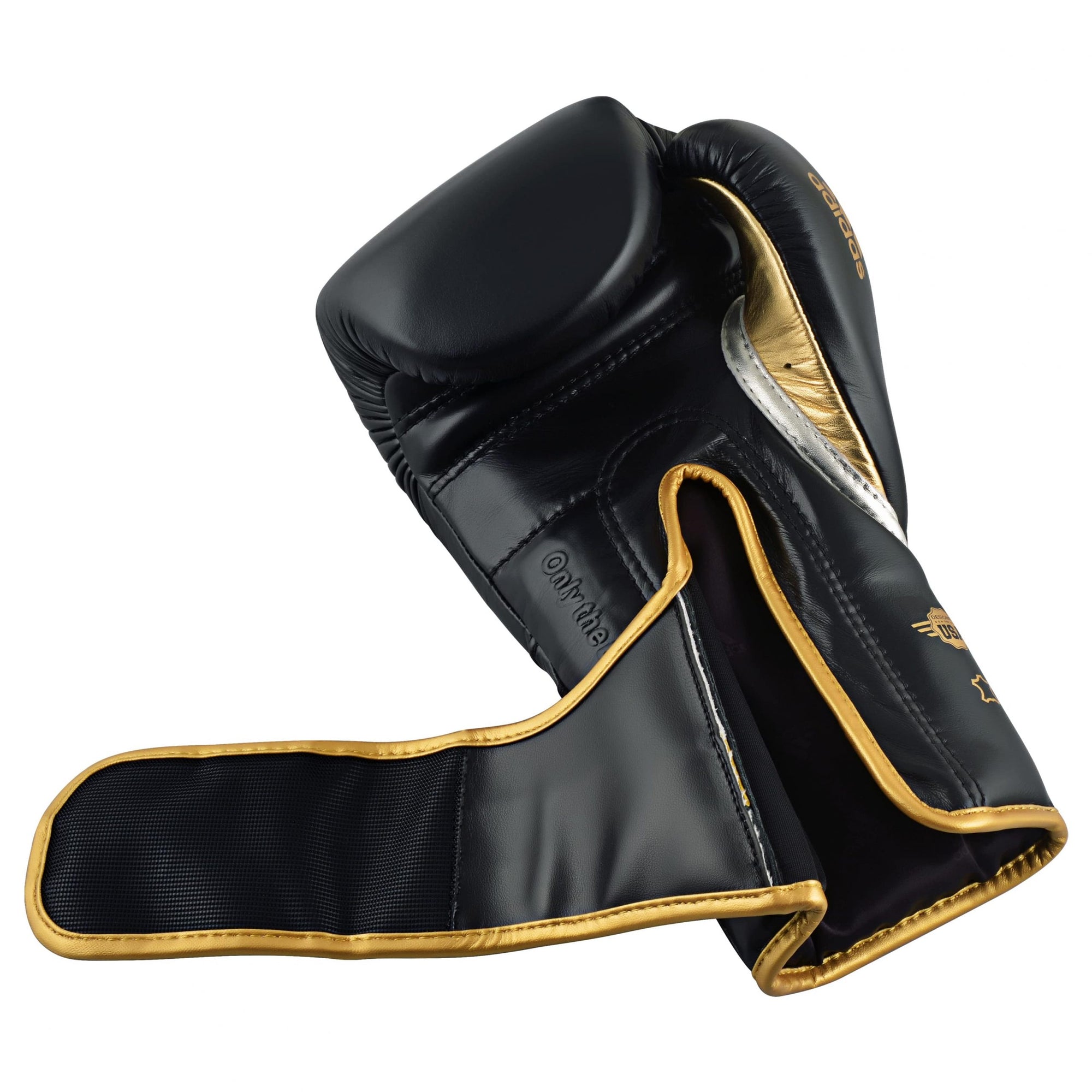 Black and gold adidas boxing glove, 8 oz, for men and women.