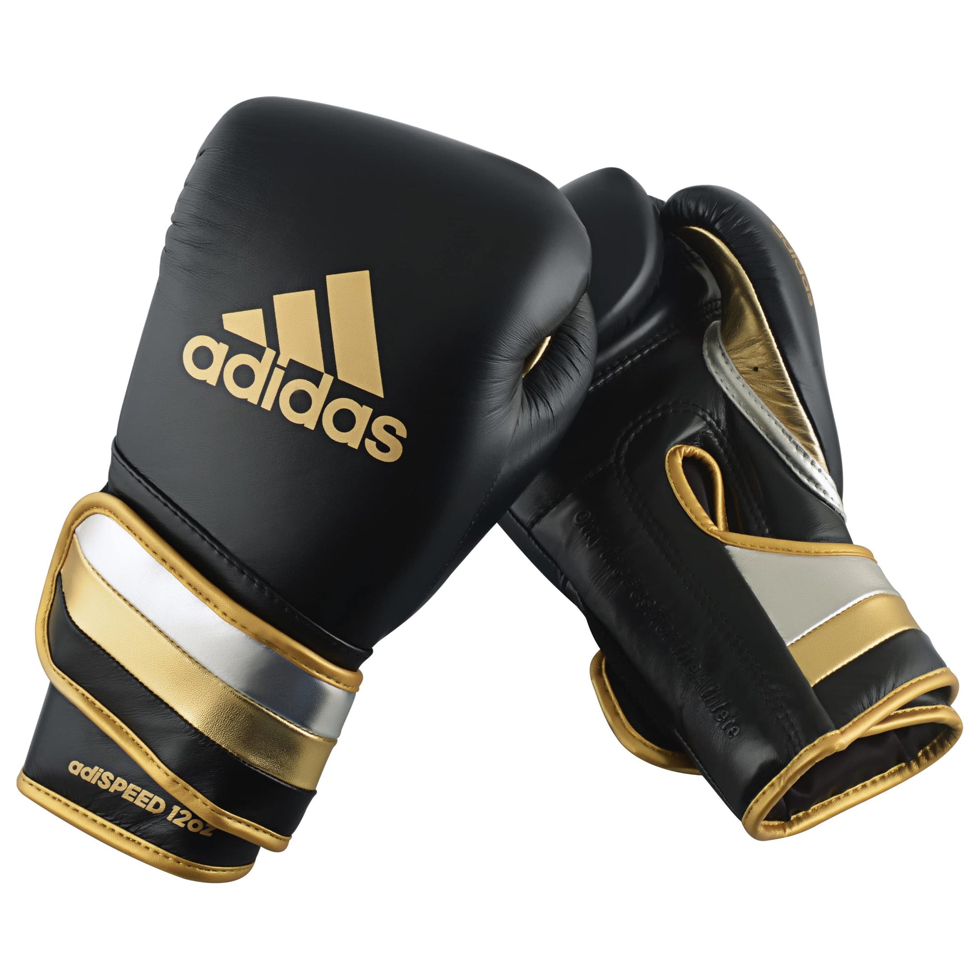 Pair of Adidas Adi-Speed 501 boxing gloves, metallic black, gold, silver, 14 oz.