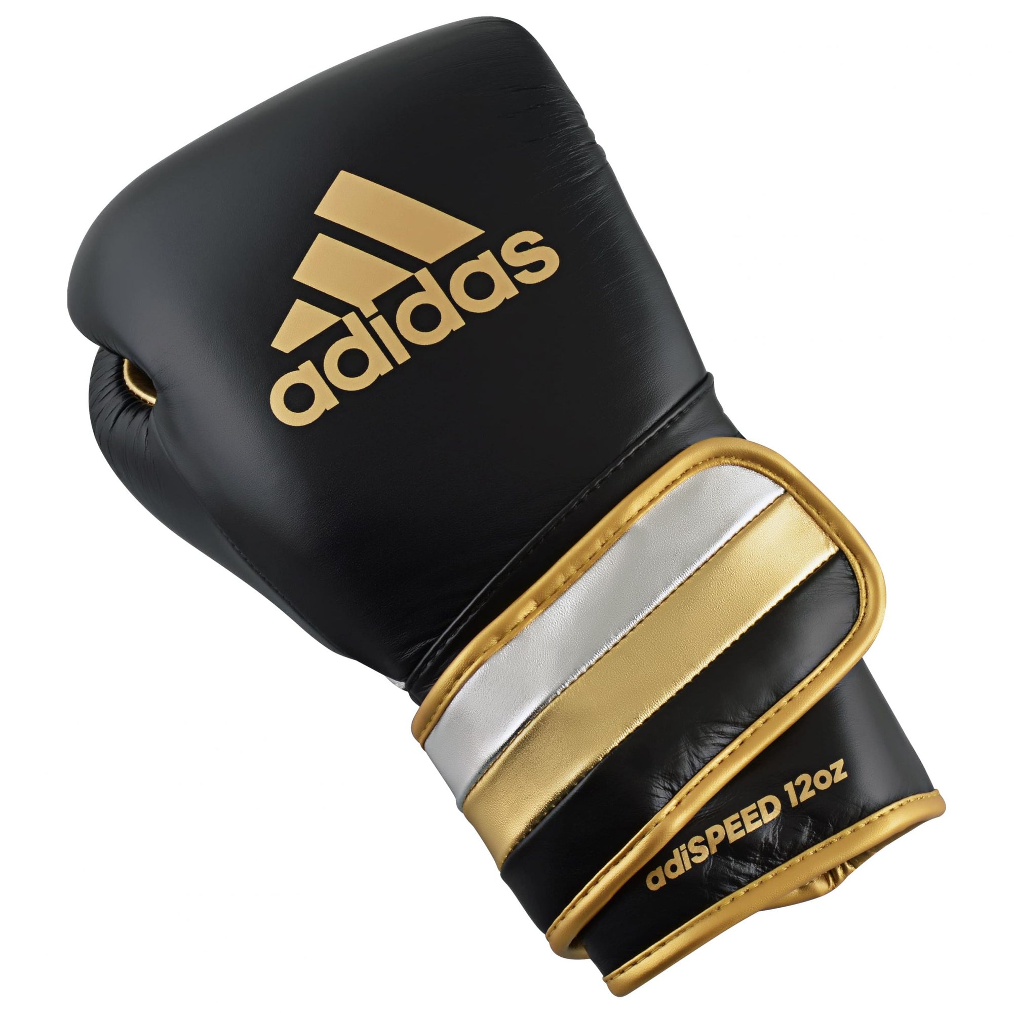 Black and gold Adidas boxing glove, metallic black, gold, silver, 8 oz.