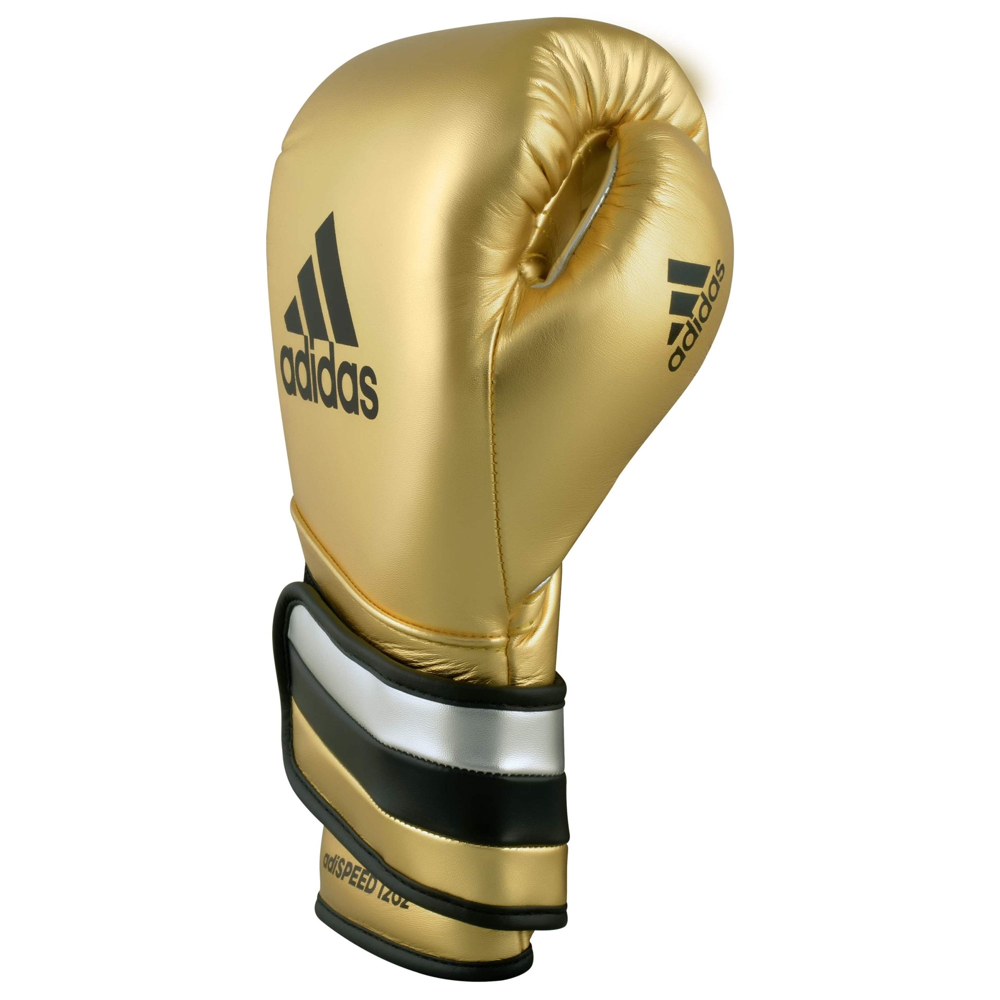 Gold Adidas boxing glove featuring black stripes.