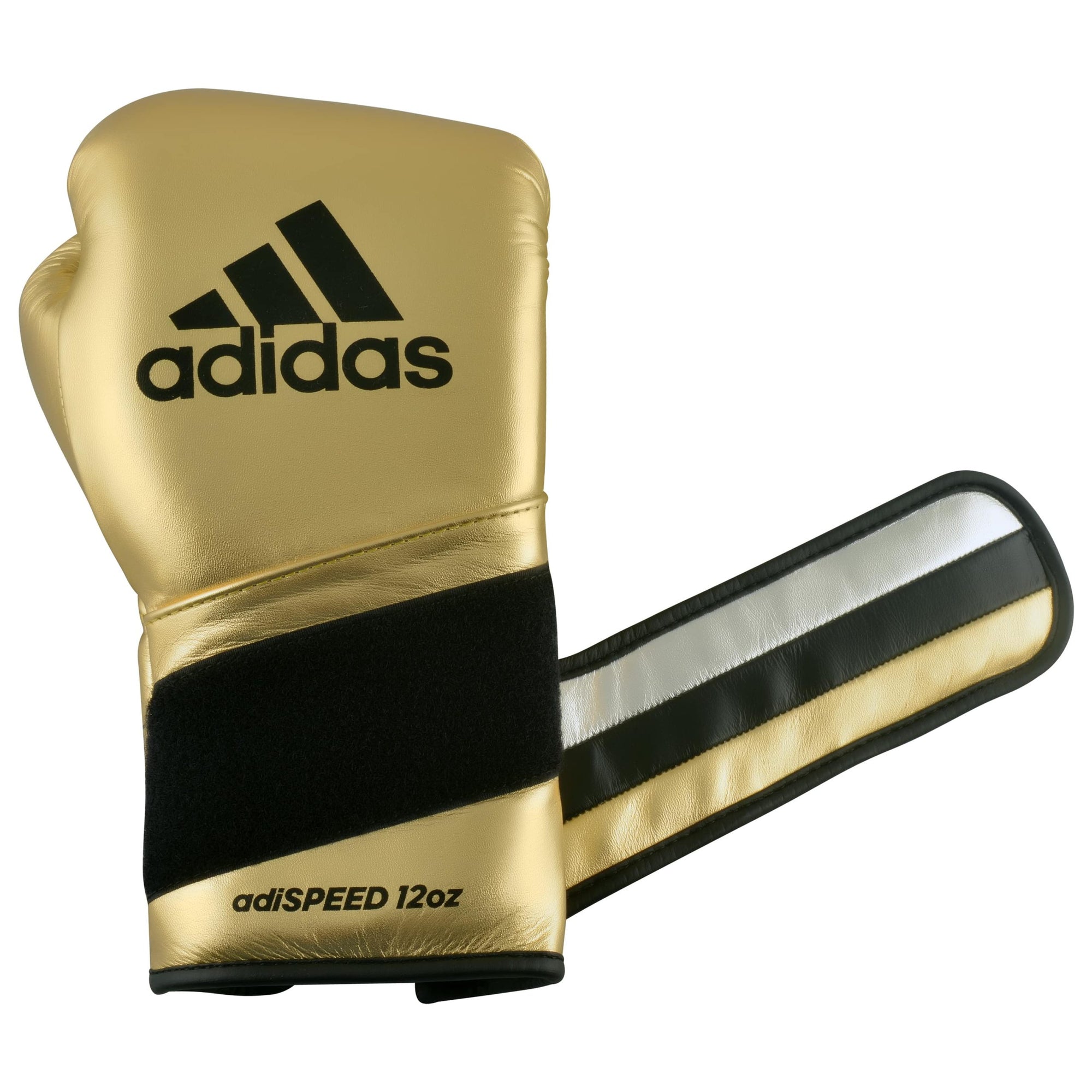 Gold boxing glove with black stripes for boxing or kickboxing.