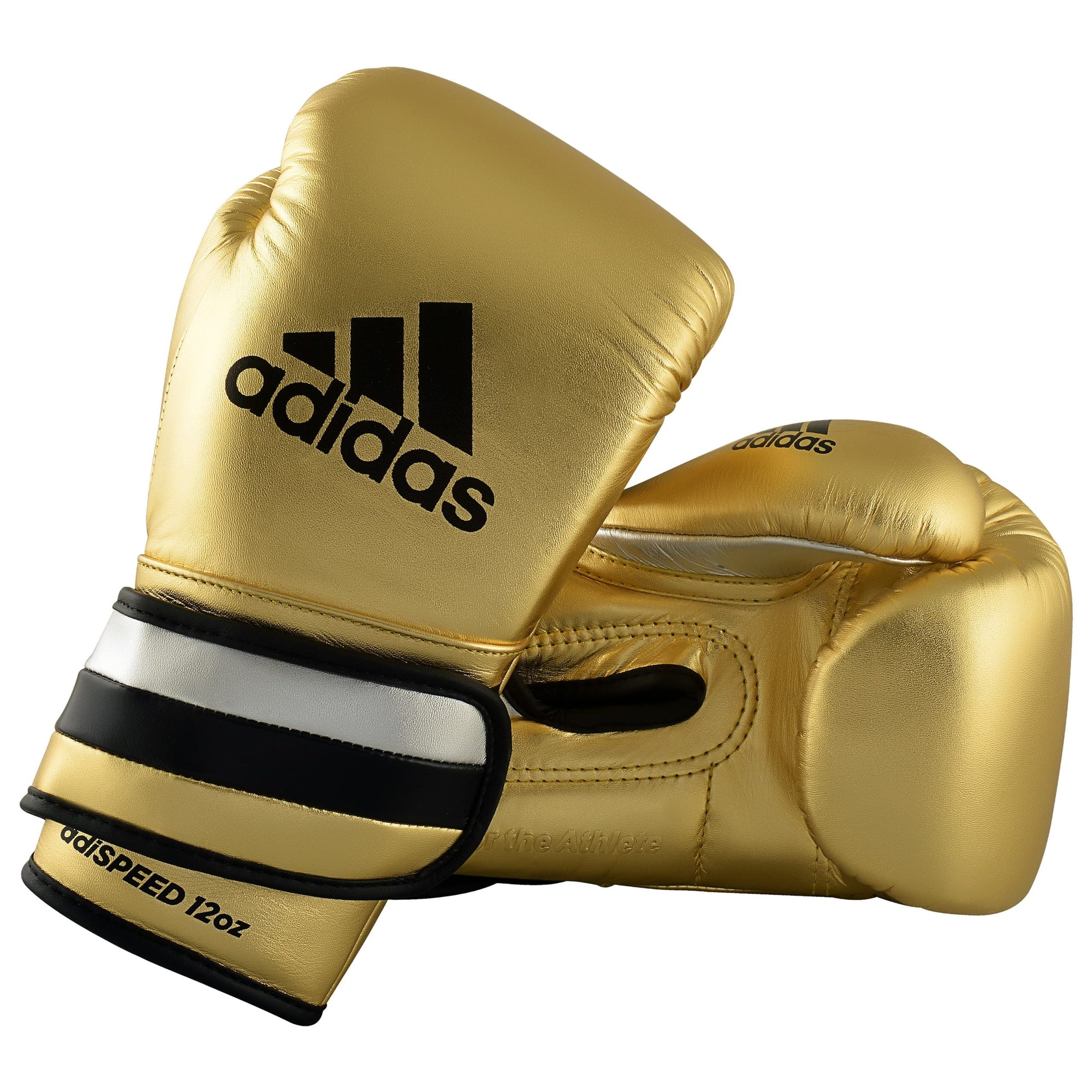 Pair of gold Adidas boxing gloves with black details.