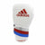 White boxing glove with red and blue stripes.