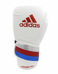 White boxing glove with red and blue stripes.