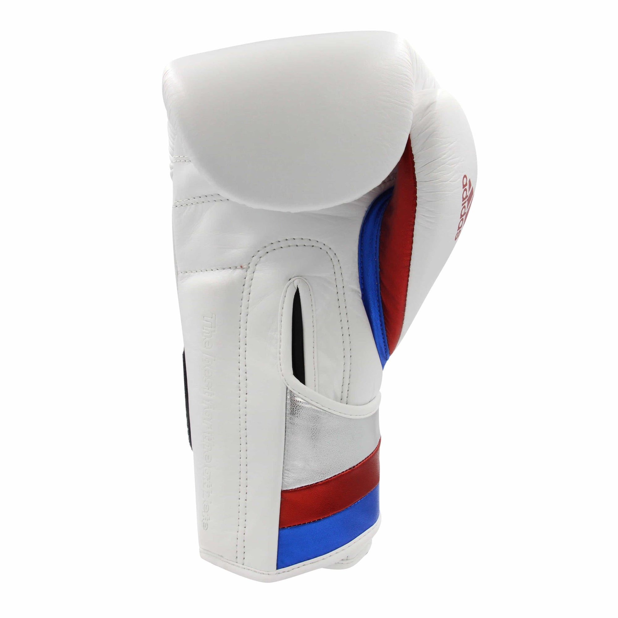 White boxing glove with red, blue, and white stripes.