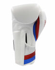 White boxing glove with red, blue, and white stripes.