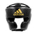 Black boxing helmet with a gold Adidas logo.