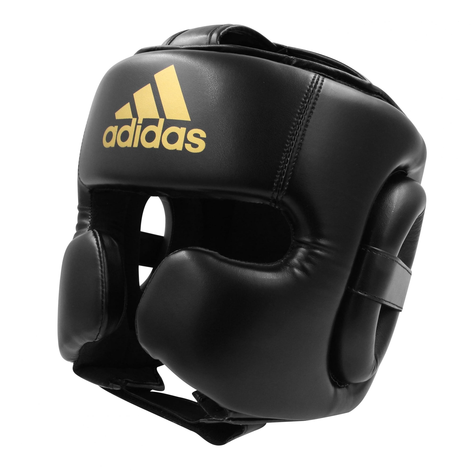 Boxing helmet in black with a gold Adidas logo.