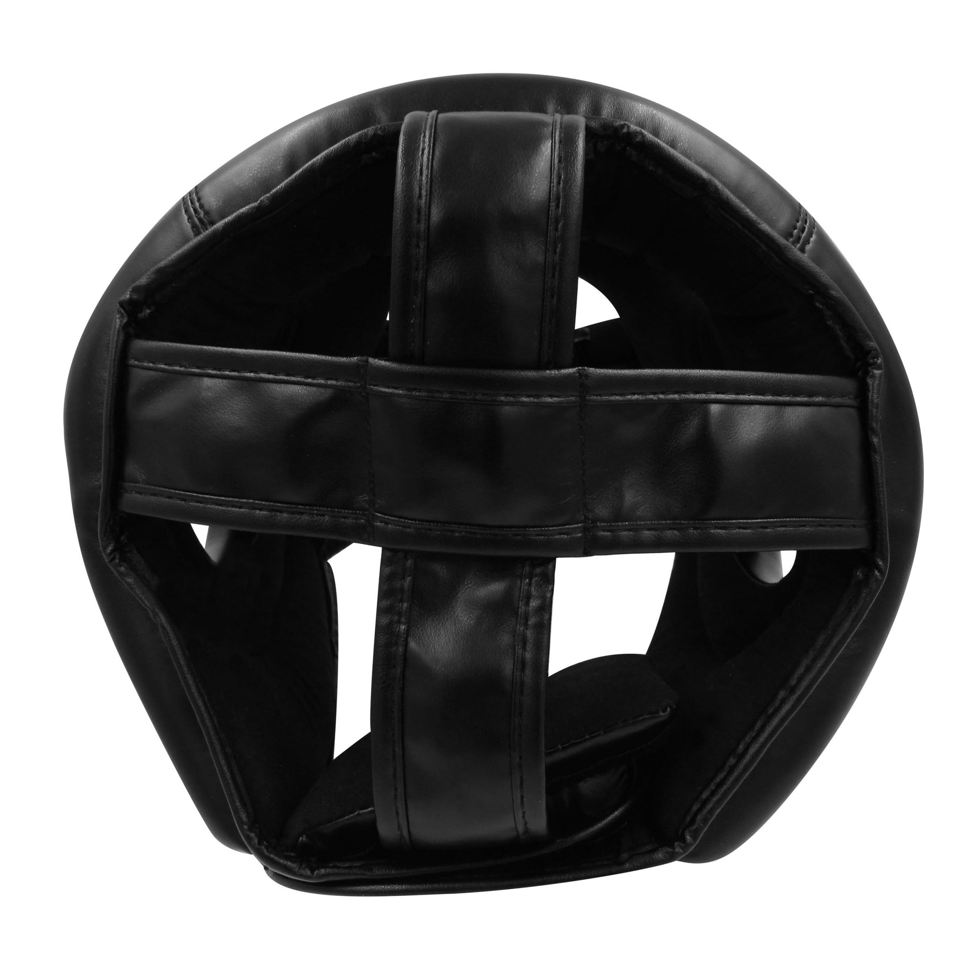 Black leather helmet with straps for boxing protection.