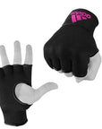 Black gloves on hand for boxing protection.