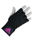 Black boxing glove on a hand, medium size.