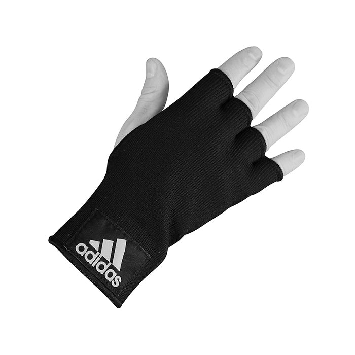 Black adidas boxing hand wrap glove worn on hand.