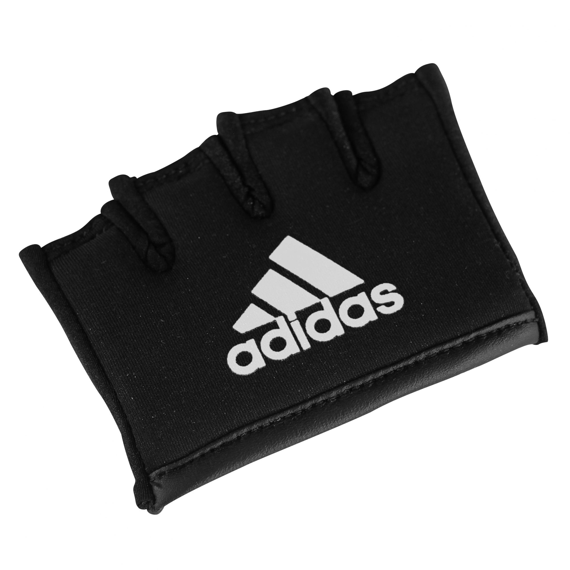 Black boxing glove with white adidas text on it.