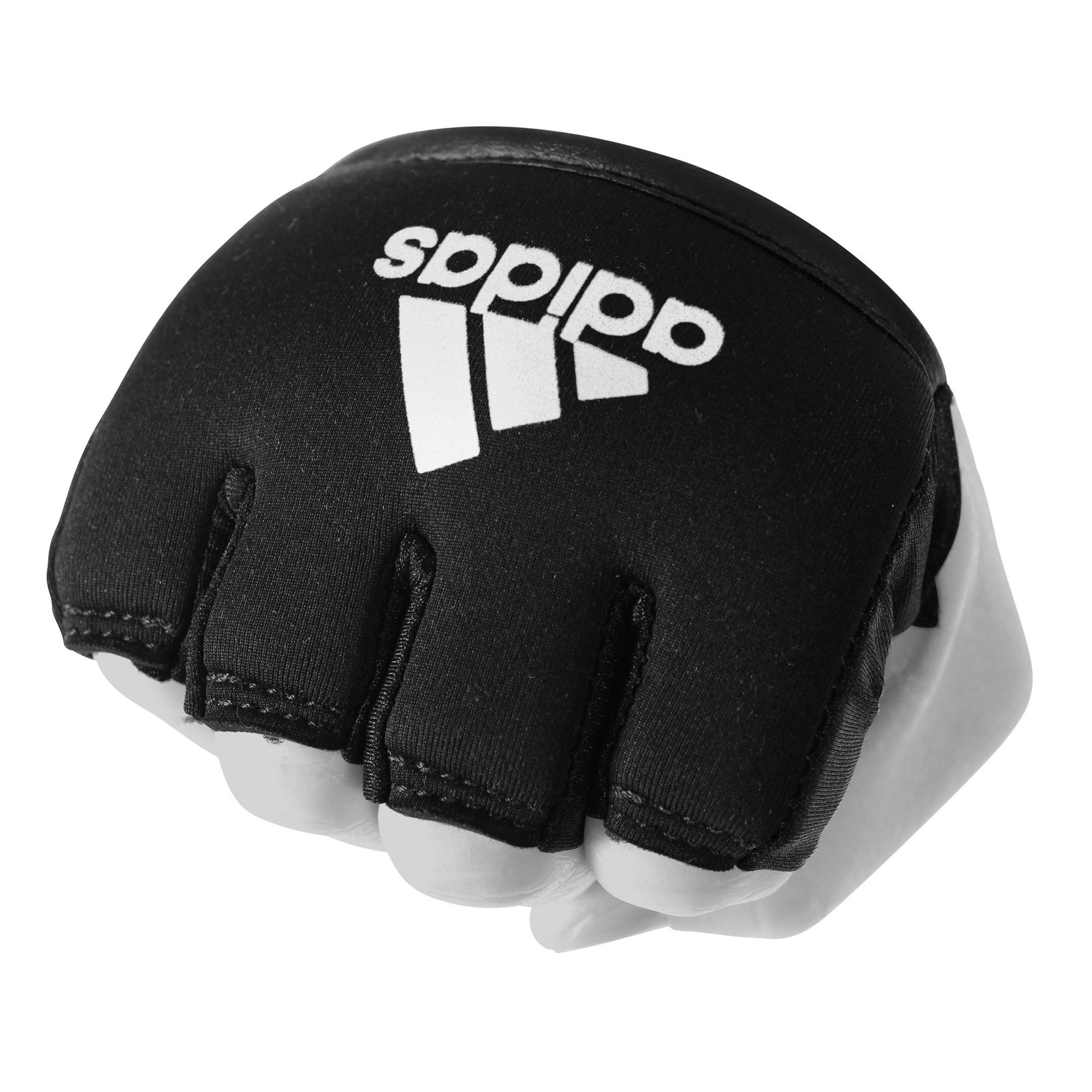 Black and white adidas boxing glove for knuckle protection.