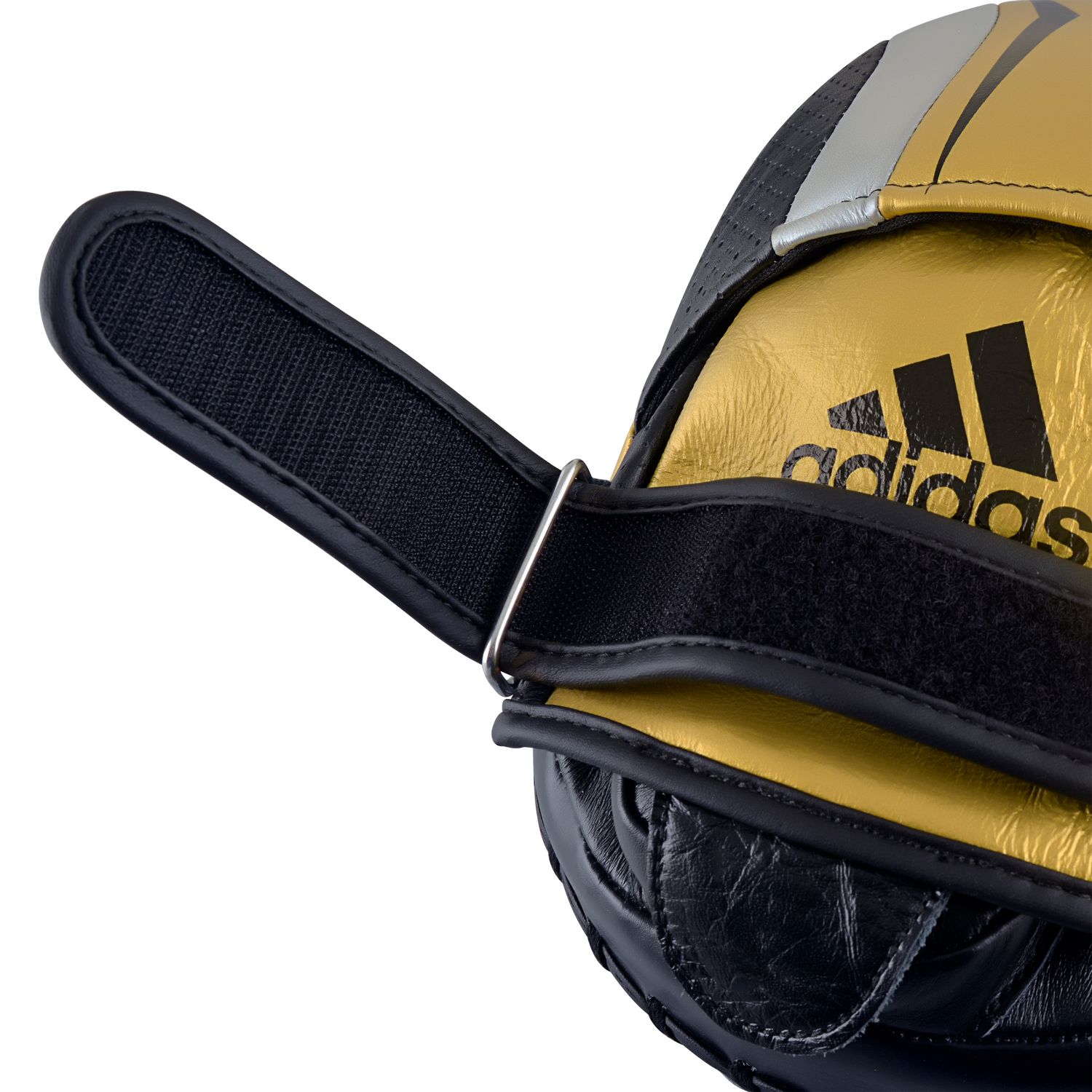 Close up of an Adidas black and gold boxing glove.