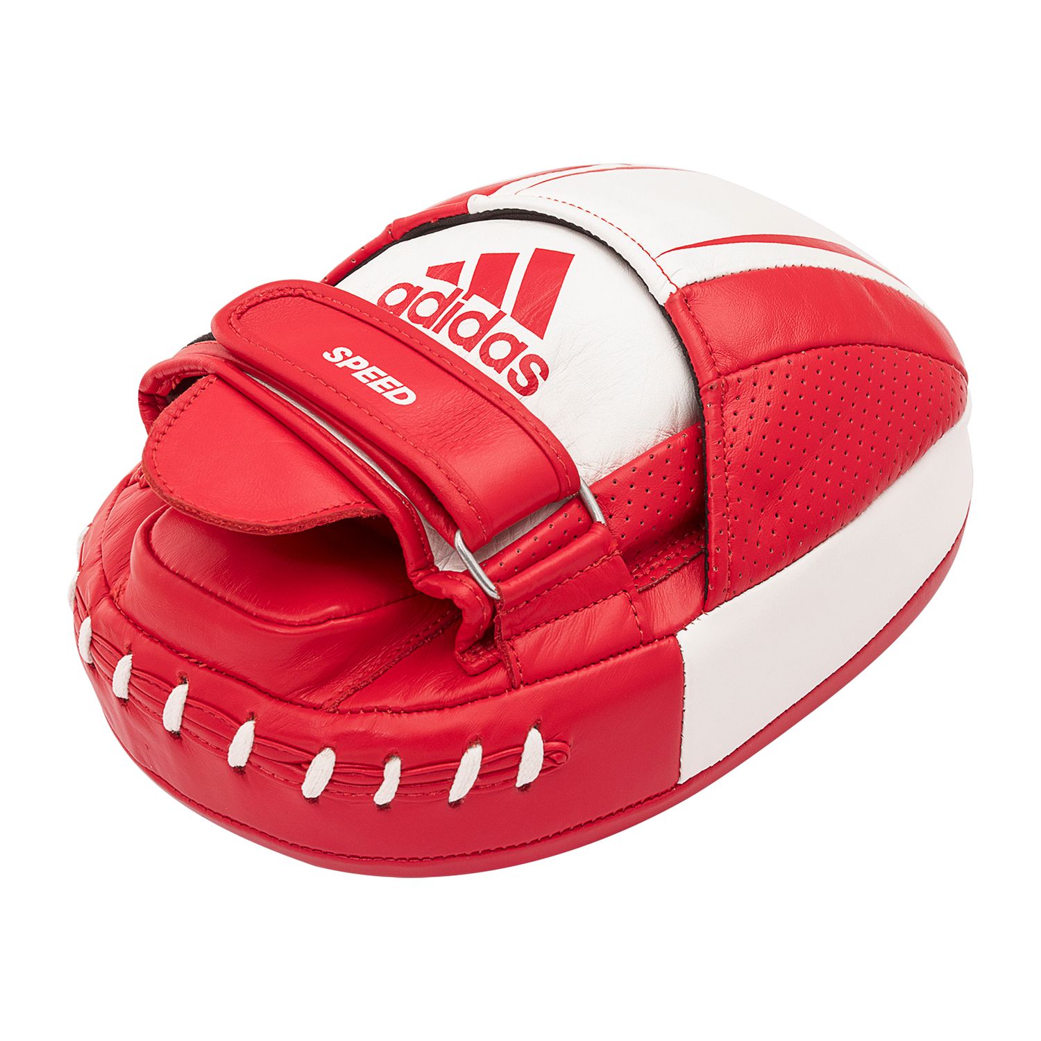 Red and white boxing glove by Adidas for training.