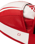 Close-up of Adidas red and white boxing glove.