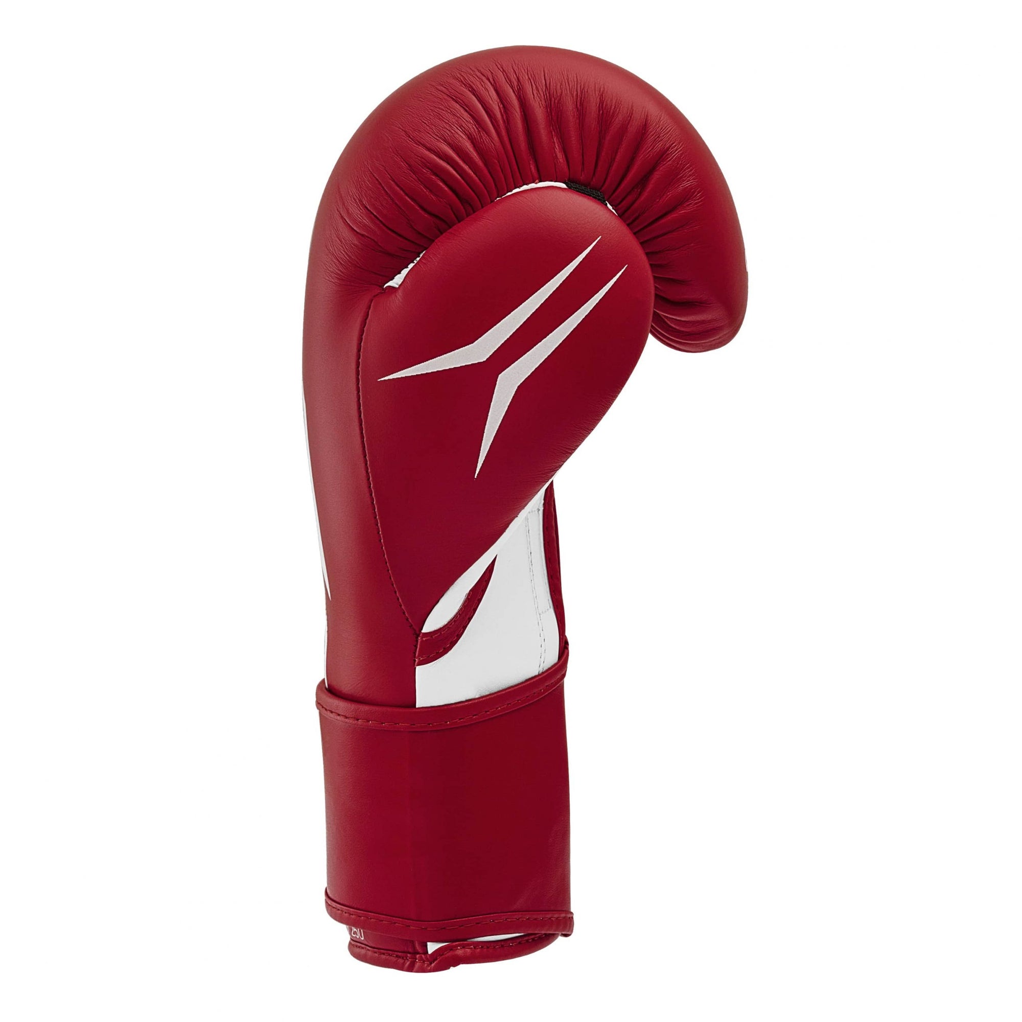 Red boxing glove with white trim for training.