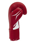 Red boxing glove with white trim for training.