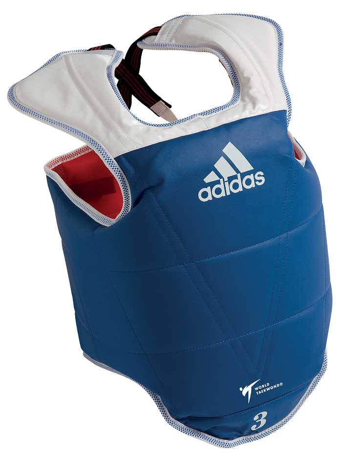 Blue and white reversible Adidas WTF chest guard with durable vinyl, size XS.