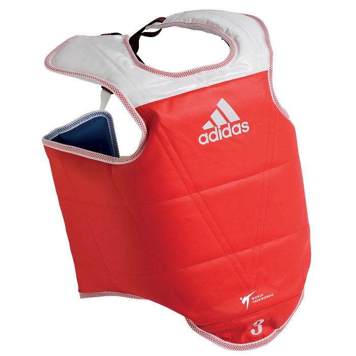 Red and white reversible Adidas WTF chest guard with large shoulder pads, size S.