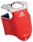 Red and white reversible Adidas WTF chest guard with large shoulder pads, size S.