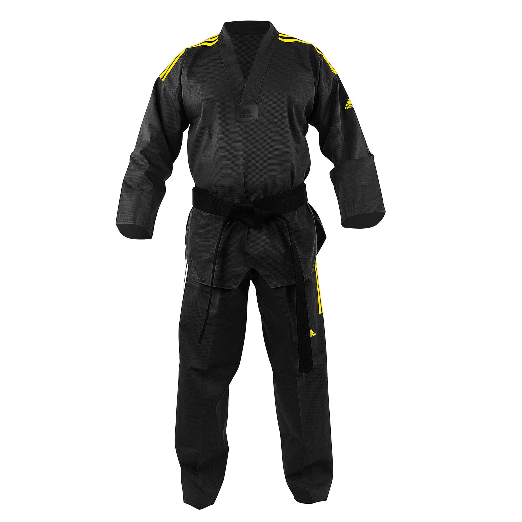 Black and yellow Adidas taekwondo uniform with stripes.