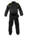 Black and yellow Adidas taekwondo uniform with stripes.