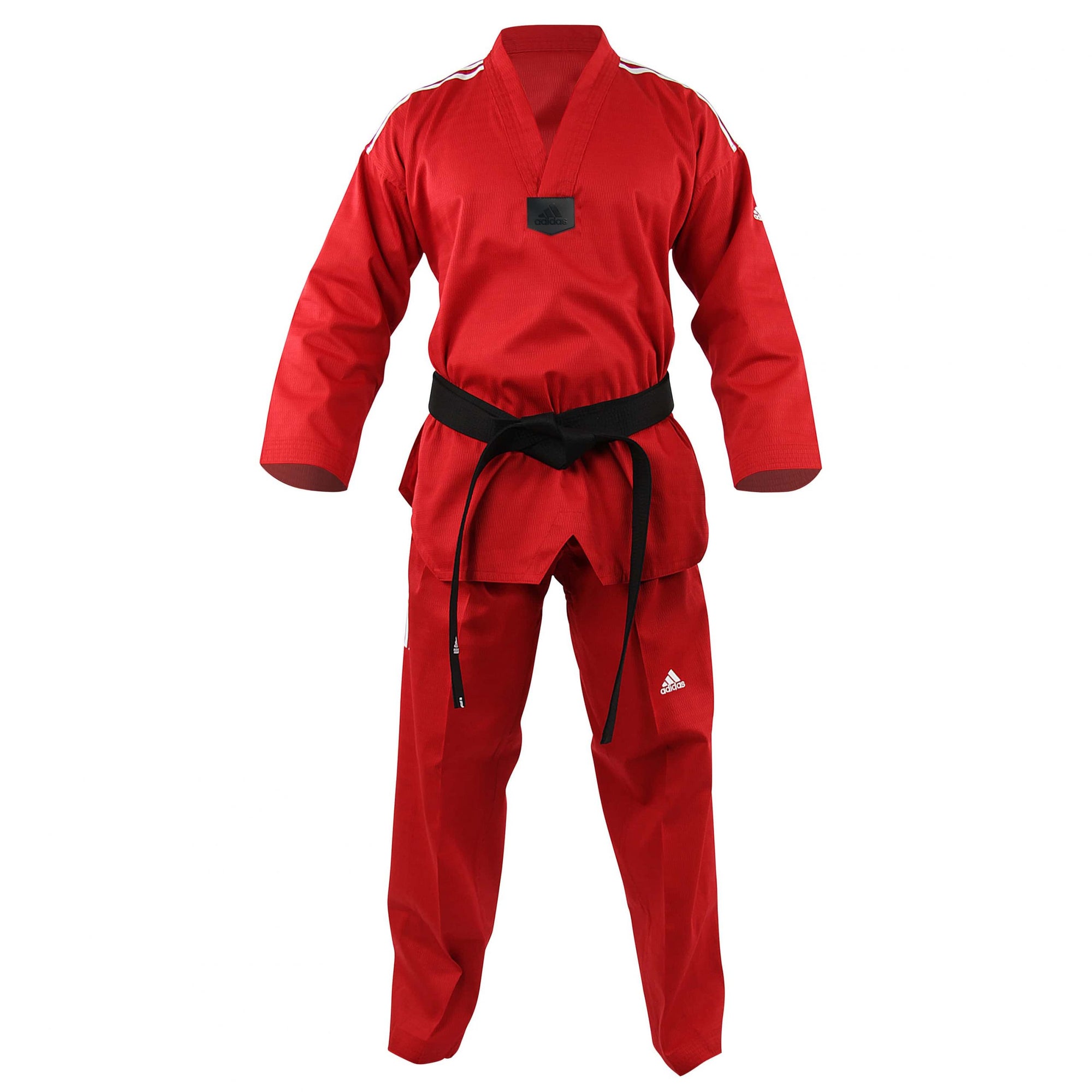 Red karate uniform with black belt on display.