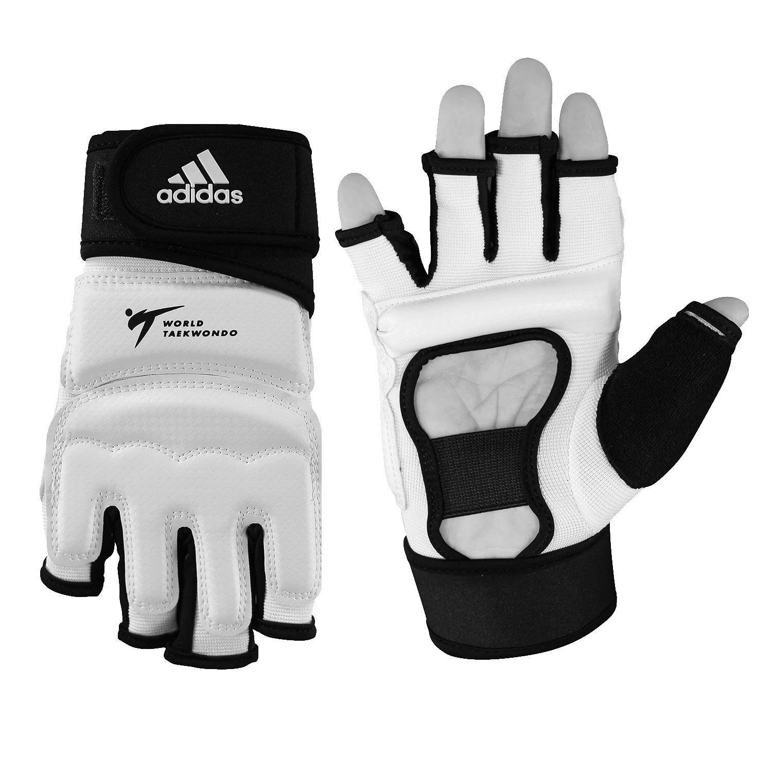 White Adidas fighter gloves with finger placeholder.