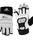 White Adidas fighter gloves with finger placeholder.