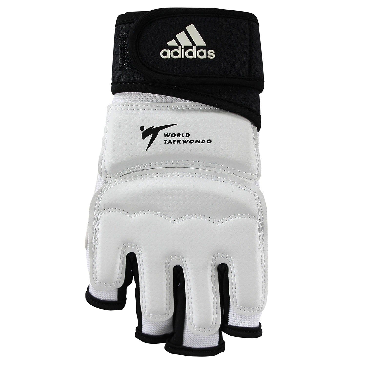 White and black Adidas WTF Olympic fighter glove.